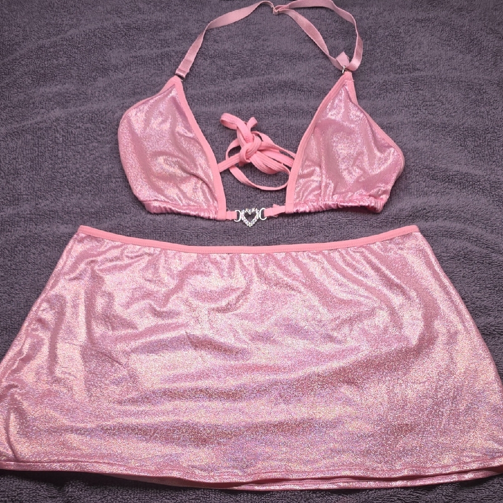Women's Pink Shimmer Bikini Top & Skirt Set